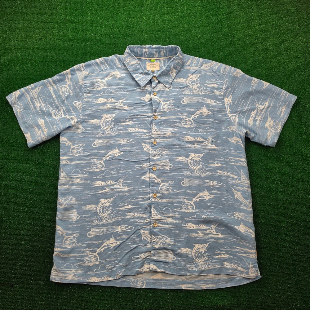 Quiksilver Waterman Collection Marlin Ocean Shirt Mens 2XL Blue Button Up Beach